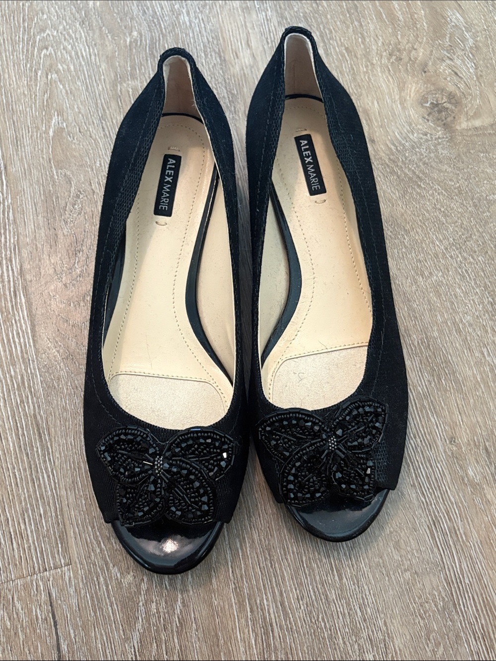 Alex Marie Black Beaded Butterfly Peep-Toe Flats